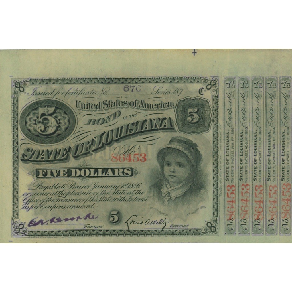 STATE OF LOUISIANA - 5 DOLLARI - 1886