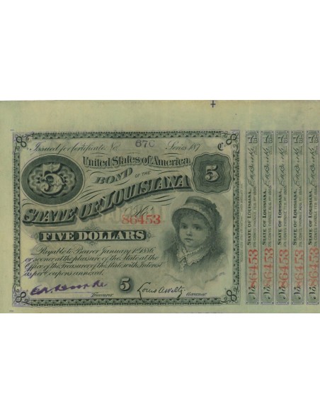 STATE OF LOUISIANA - 5 DOLLARI - 1886