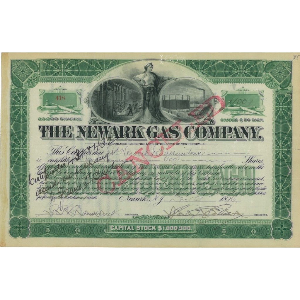 THE NEWARK GAS COMPANY - 100 AZIONI - 1896