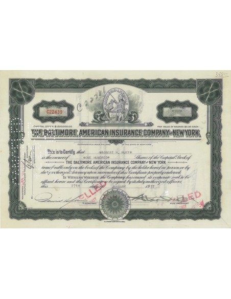 THE BALTIMORE AMERICAN INSURANCE COMP. OF NEW YORK - 100 AZIONI 1937