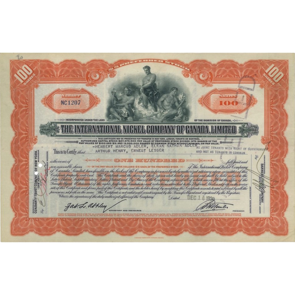 THE INTERNATIONAL NICKEL COMP. OF CANADA LIMITED - 100 AZIONI 1930