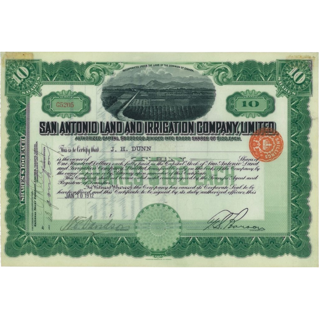 SAN ANTONIO LAND AND IRRIGATION COMP. LIMITED - 10 AZIONI - 1912