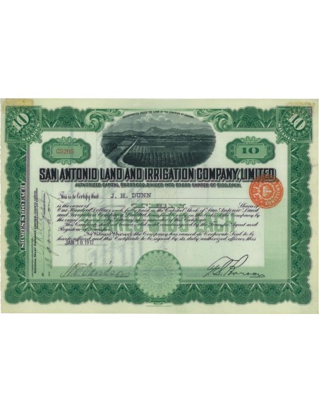 SAN ANTONIO LAND AND IRRIGATION COMP. LIMITED - 10 AZIONI - 1912