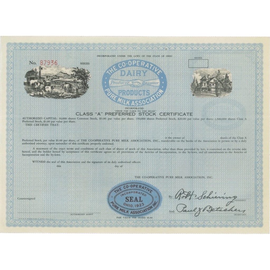 THE CO-OPERATIVE PURE MILK ASSOCIATION - AZIONI - 1923