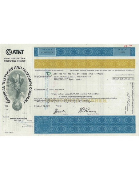 AMERICAN TELEPHONE AND TELEGRAPH COMPANY - 100 AZIONI 1971