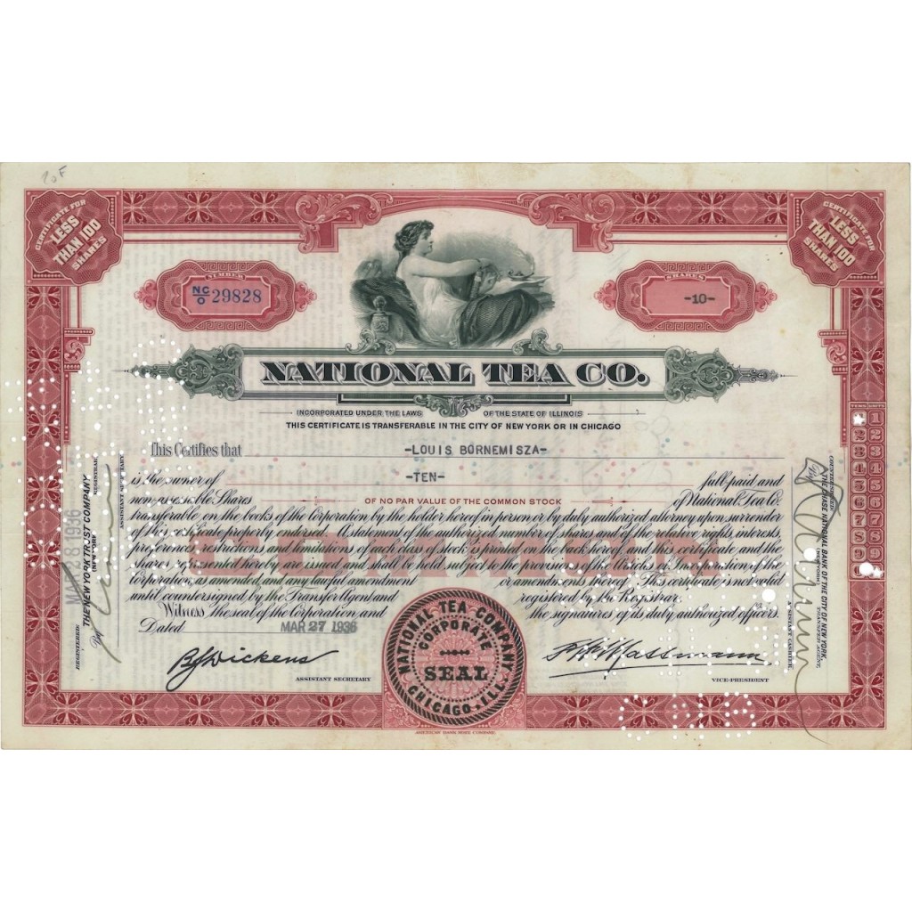 NATIONAL TEA CO. 10 AZIONI - 1936