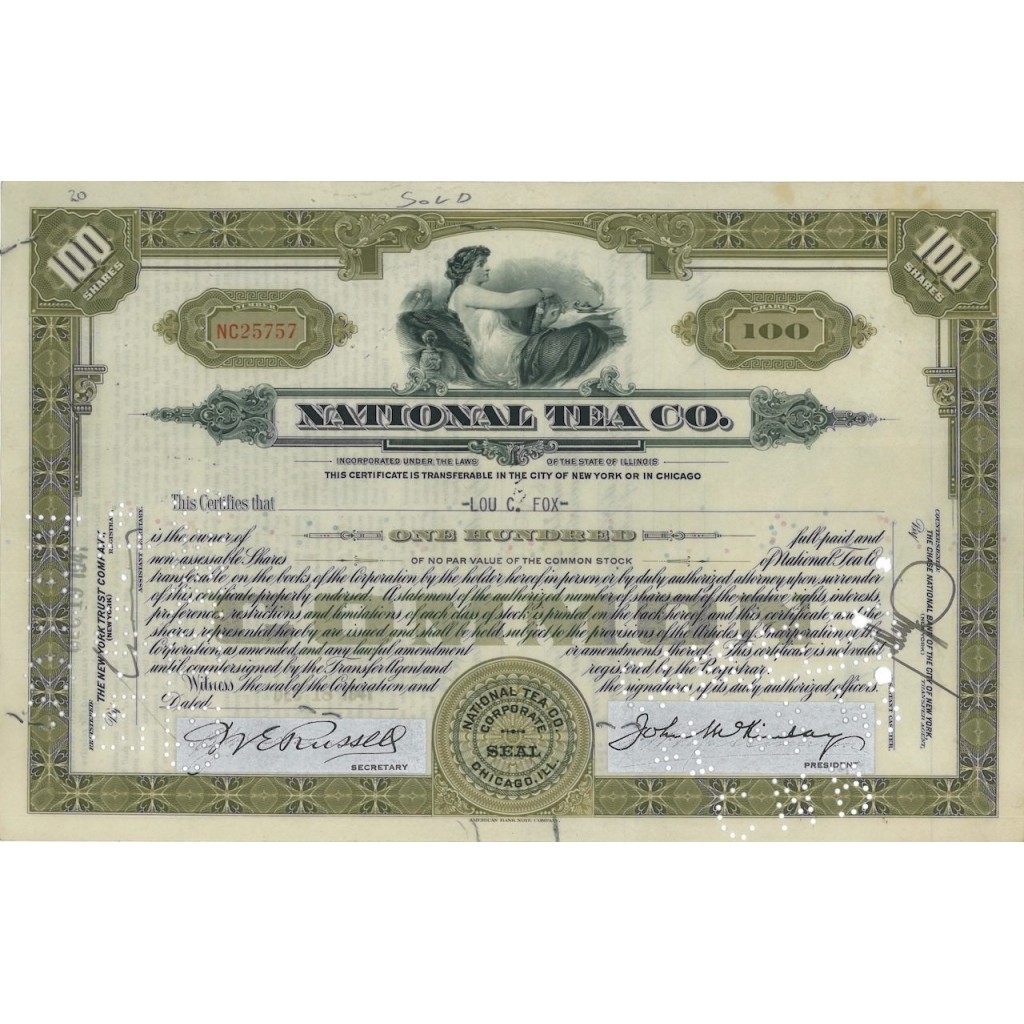 NATIONAL TEA CO. 100 AZIONI - 1941
