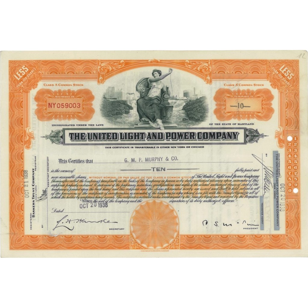 THE UNITED LIGHT AND POWER COMPANY - 10 AZIONI - 1938