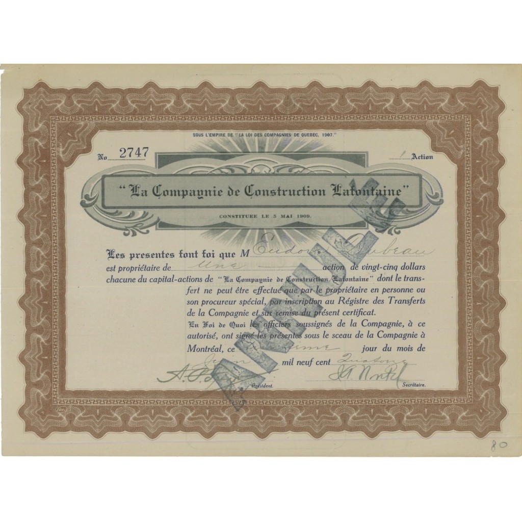 LA COMPAGNIE DE CONSTRUCTION LAFONTAINE - 1 AZIONE 1907