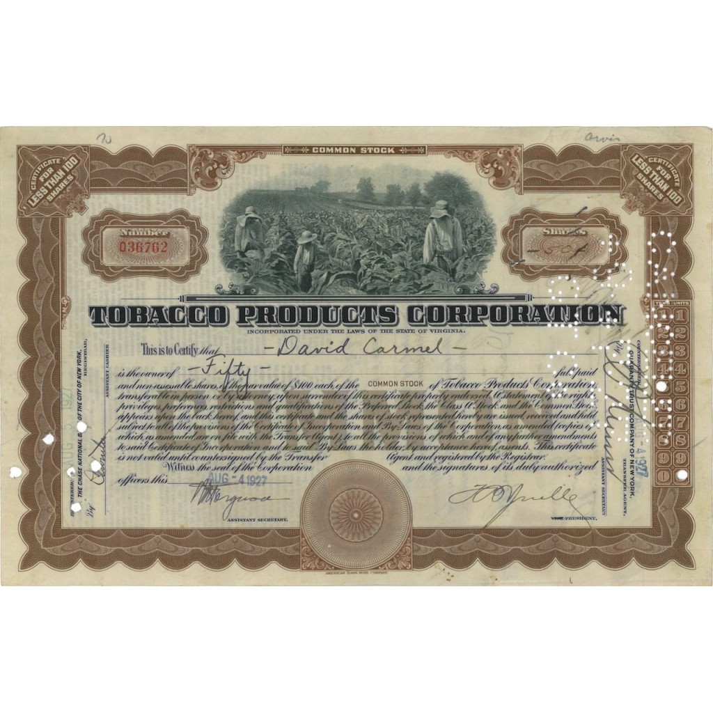 TOBACCO PRODUCTS CORPORATION - 50 AZIONI - 1927