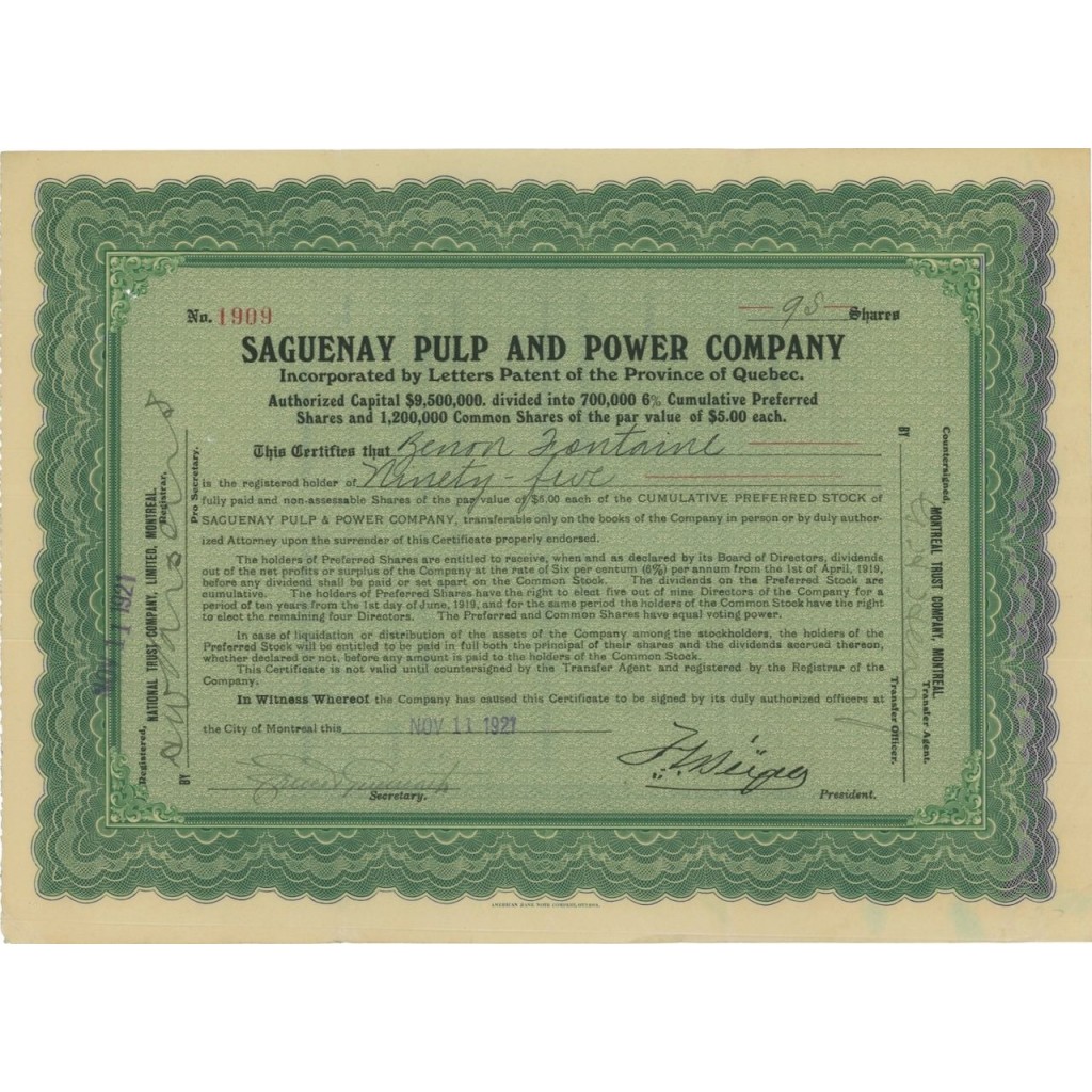 SAGUENAY PULP AND POWER COMPANY - 95 AZIONI - 1921