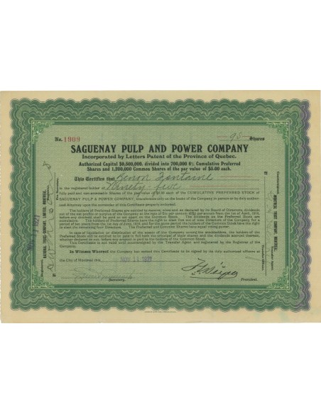 SAGUENAY PULP AND POWER COMPANY - 95 AZIONI - 1921