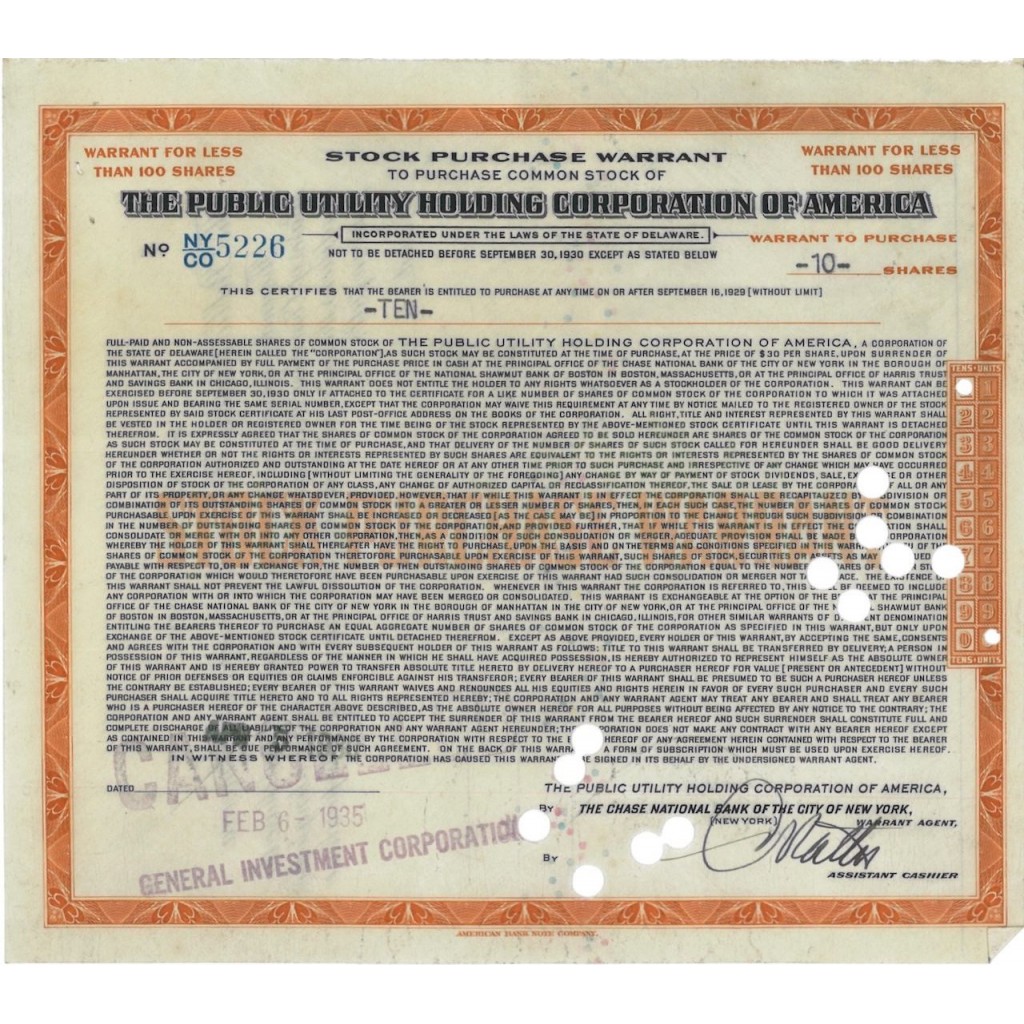 THE PUBLIC UTILITY HOLDING CORPORATION OF AMERICA - 10 AZIONI - 1935