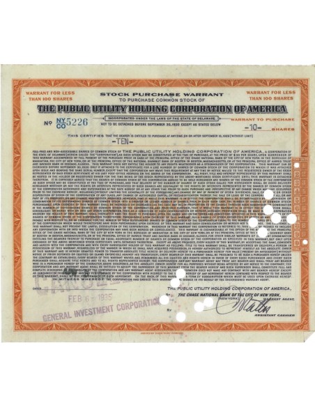 THE PUBLIC UTILITY HOLDING CORPORATION OF AMERICA - 10 AZIONI - 1935