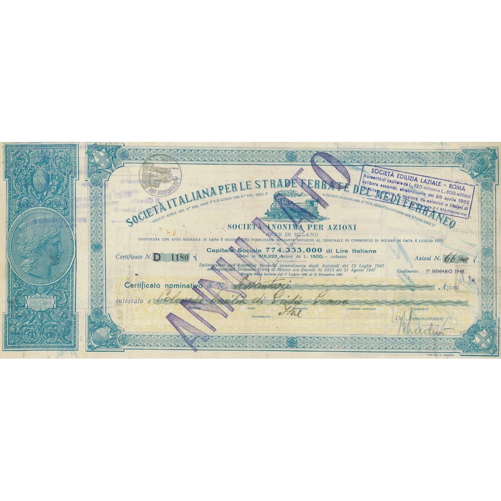 SOC. ITAL. PER LE STRADE FERRATE DEL MEDITERRANEO - 66 AZIONI SERIE D 1948