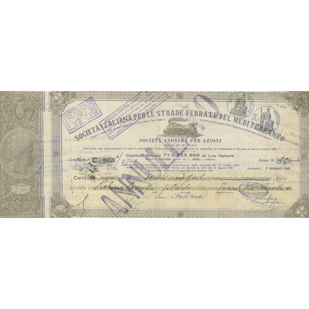 SOC. ITAL. PER LE STRADE FERRATE DEL MEDITERRANEO - SERIE C 25 AZIONI 1948