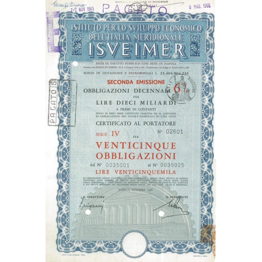 ISVEIMER - Certificato da venticinque obbligazioni, colore blu