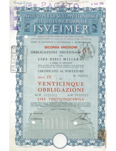 ISVEIMER - Certificato da venticinque obbligazioni, colore blu