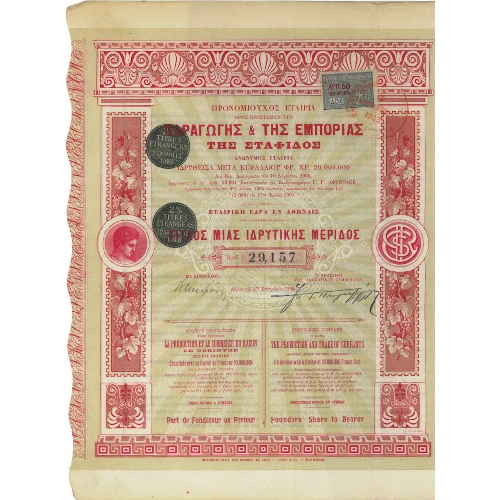 SOC. PRIVILEGIE' POUR LA PRODUCTION ET LE COMMERCE DU RAISIN AZIONE 1905