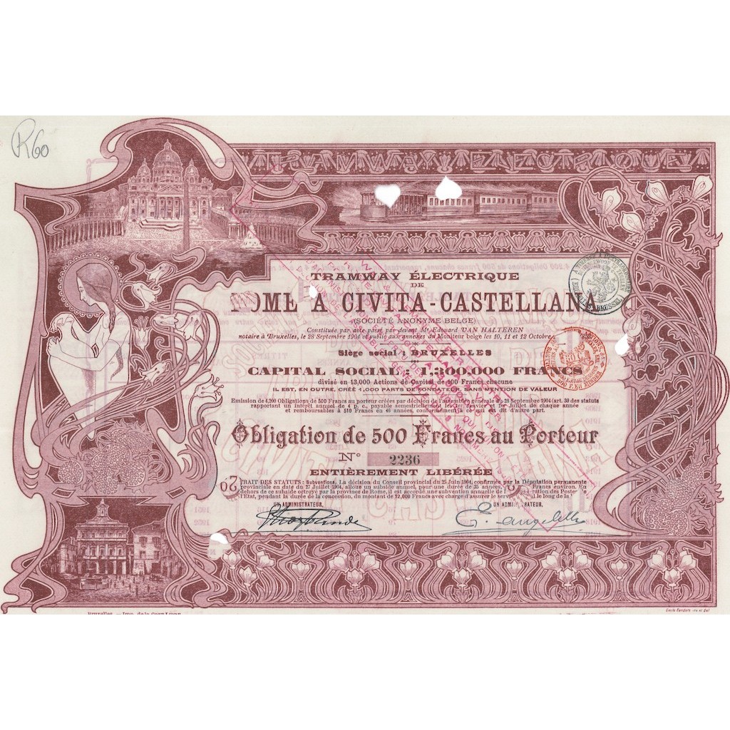 TRAMWAY ELECTRIQUE DE ROME A CIVITA-CASTELLANA OBBLIGAZIONE 500 FRANCHI - 1904