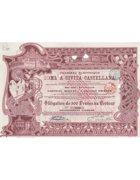 TRAMWAY ELECTRIQUE DE ROME A CIVITA-CASTELLANA OBBLIGAZIONE 500 FRANCHI - 1904