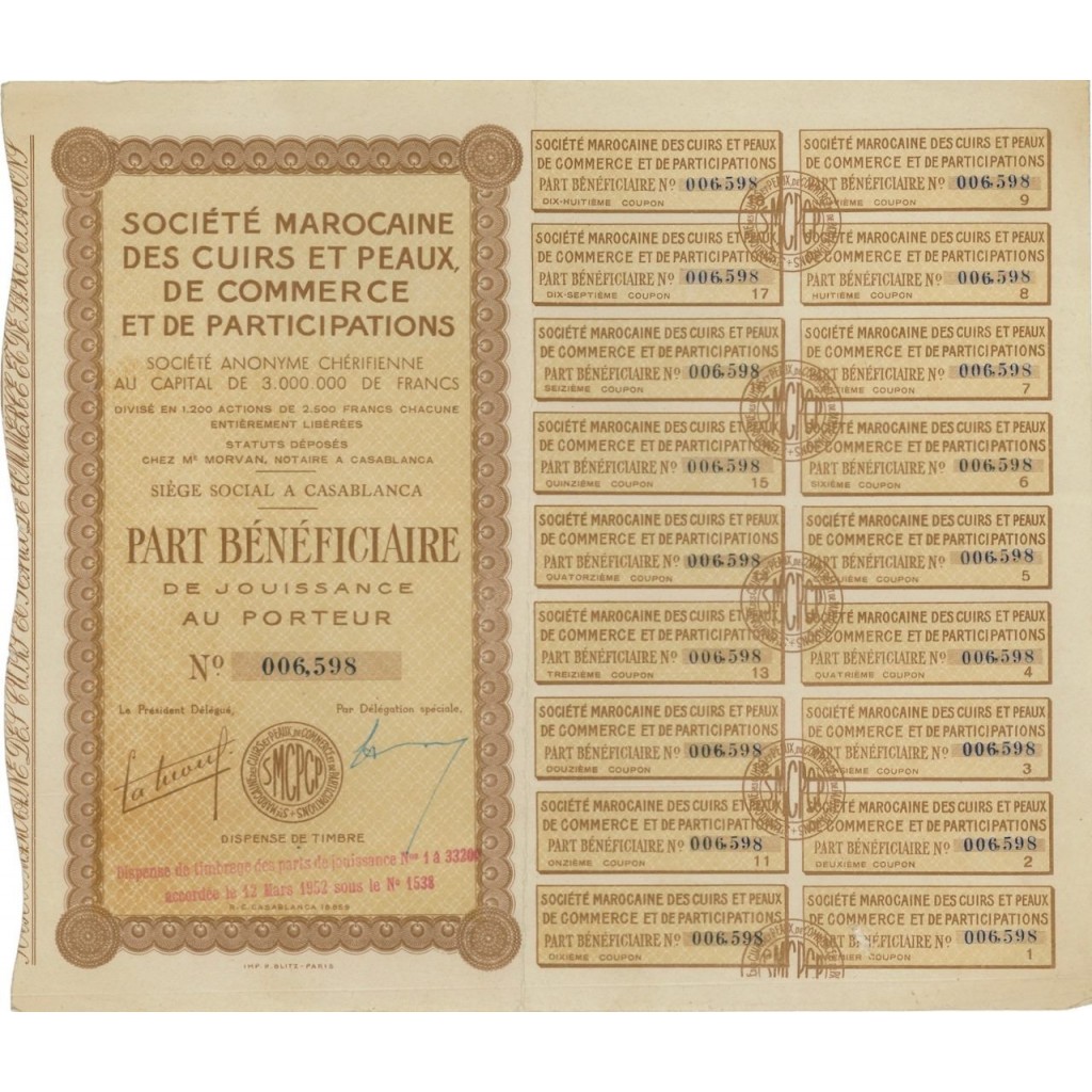 SOC. MAROCAINE DES CUIRS ET PEAUX DE COMM. ET DE PART. AZIONE 1952