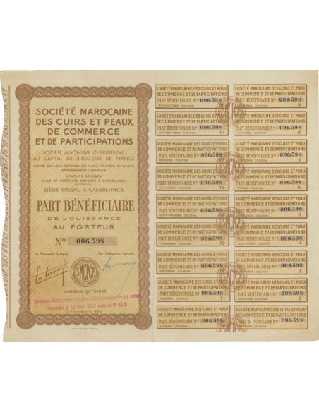 SOC. MAROCAINE DES CUIRS ET PEAUX DE COMM. ET DE PART. AZIONE 1952