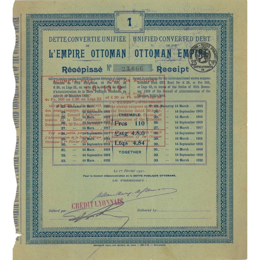 IMPERO OTTOMANO - OBBLIGAZIONE - 1921