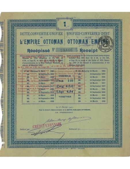 IMPERO OTTOMANO - OBBLIGAZIONE - 1921