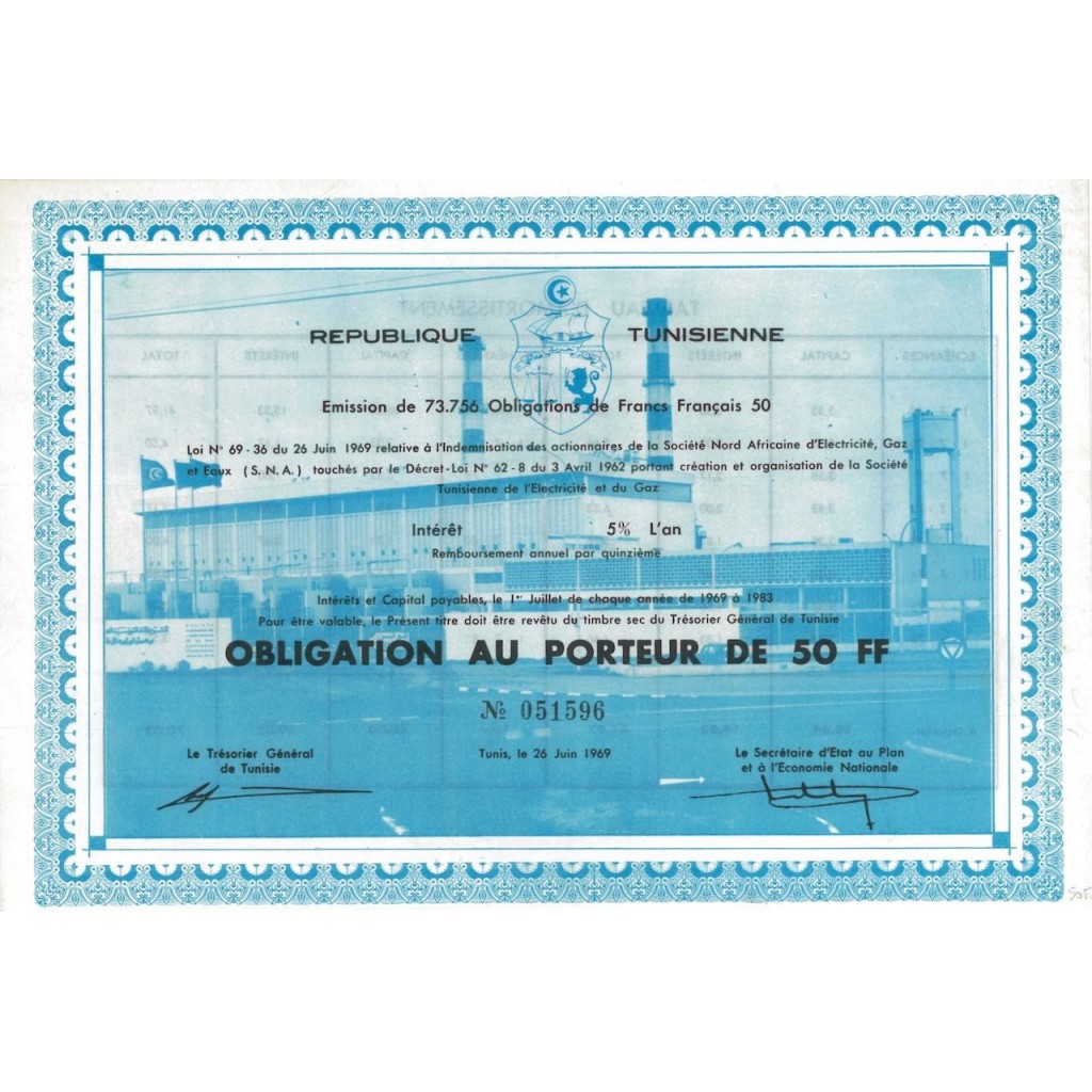 REPUBBLICA TUNISINA - UNA OBBLIGAZIONE DA 50 FRANCHI - 1969