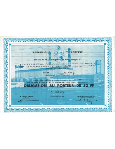 REPUBBLICA TUNISINA - UNA OBBLIGAZIONE DA 50 FRANCHI - 1969