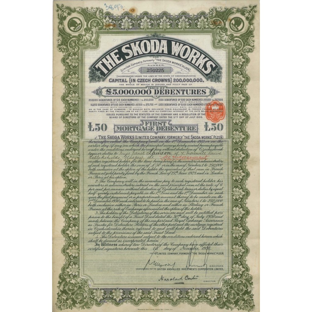 THE SKODA WORKS - OBBLIGAZIONE - 1930