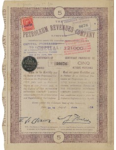PETROLEUM REVENUES COMPANY - 5 AZIONI - 1914