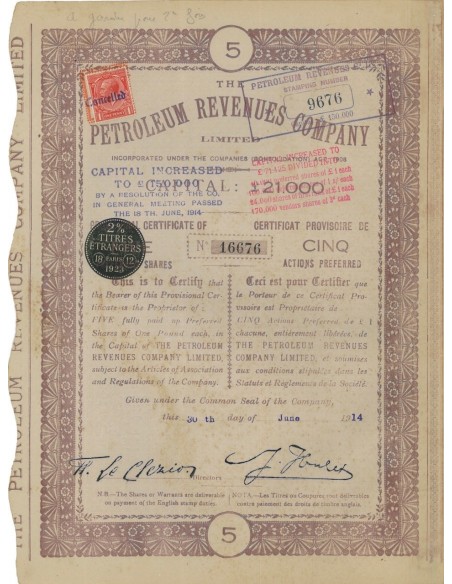 PETROLEUM REVENUES COMPANY - 5 AZIONI - 1914