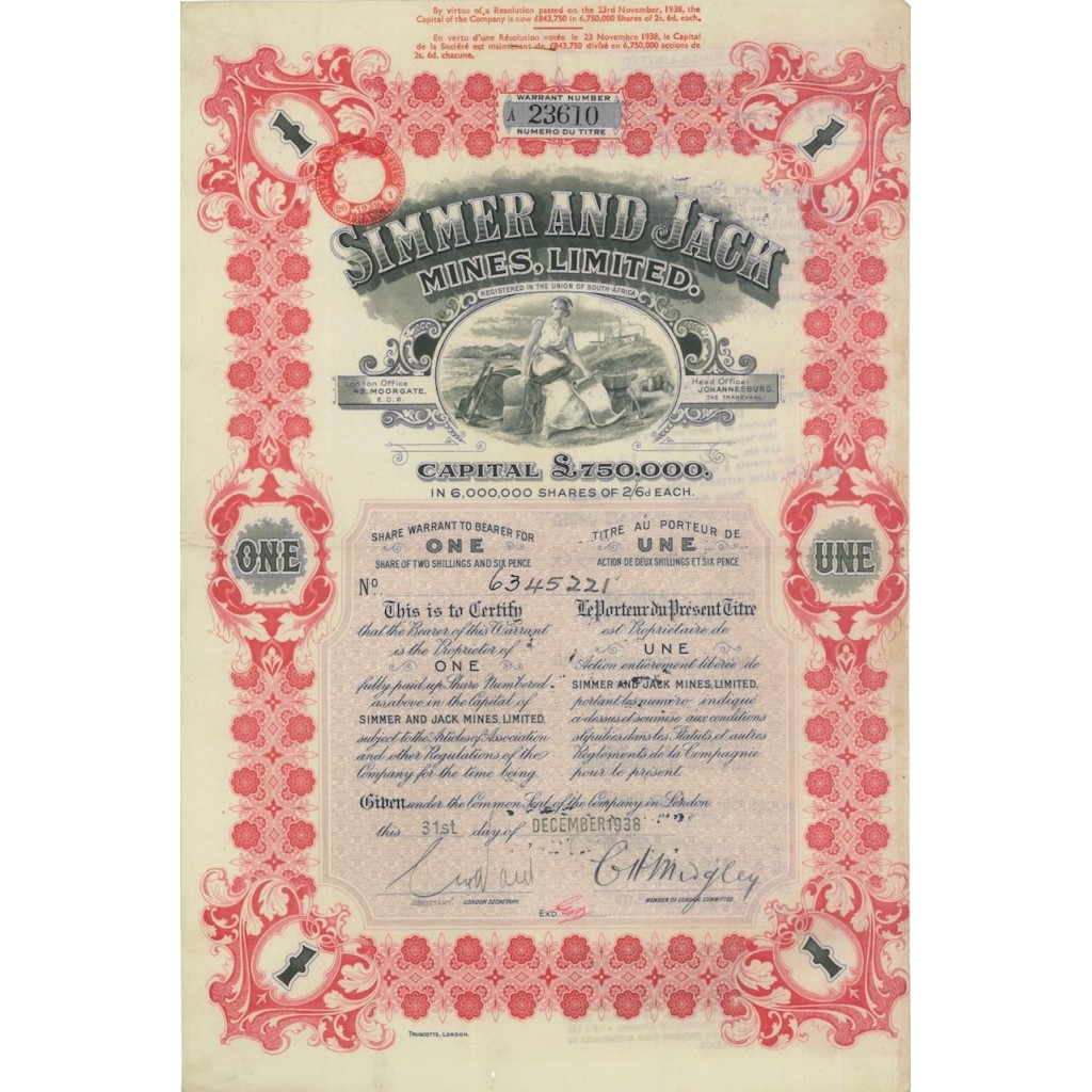 SIMMER AND JACK MINES LIMITED - 1 AZIONE - 1938