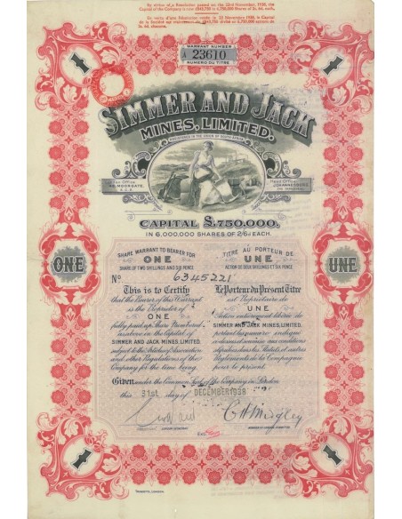 SIMMER AND JACK MINES LIMITED - 1 AZIONE - 1938