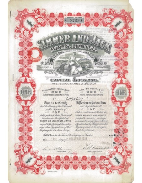 SIMMER AND JACK MINES LIMITED - 1 AZIONE - 1938