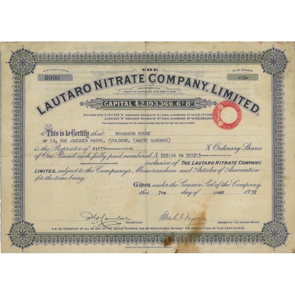 LAUTARO NITRATE COMPANY LIMITED 50 AZIONI -1937