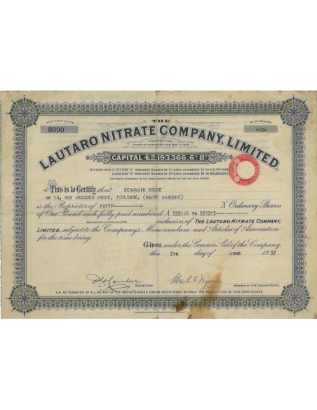 LAUTARO NITRATE COMPANY LIMITED 50 AZIONI -1937