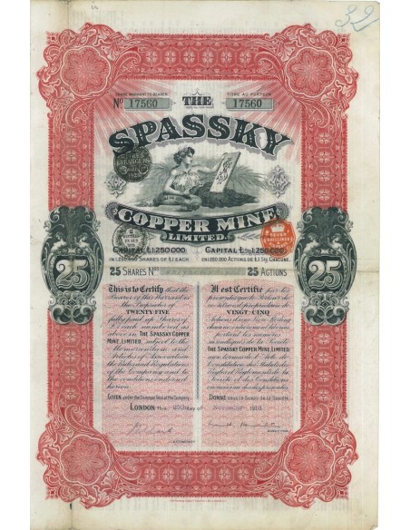 SPASSKY COPPER MINE LIMITED - 25 AZIONI - 1913