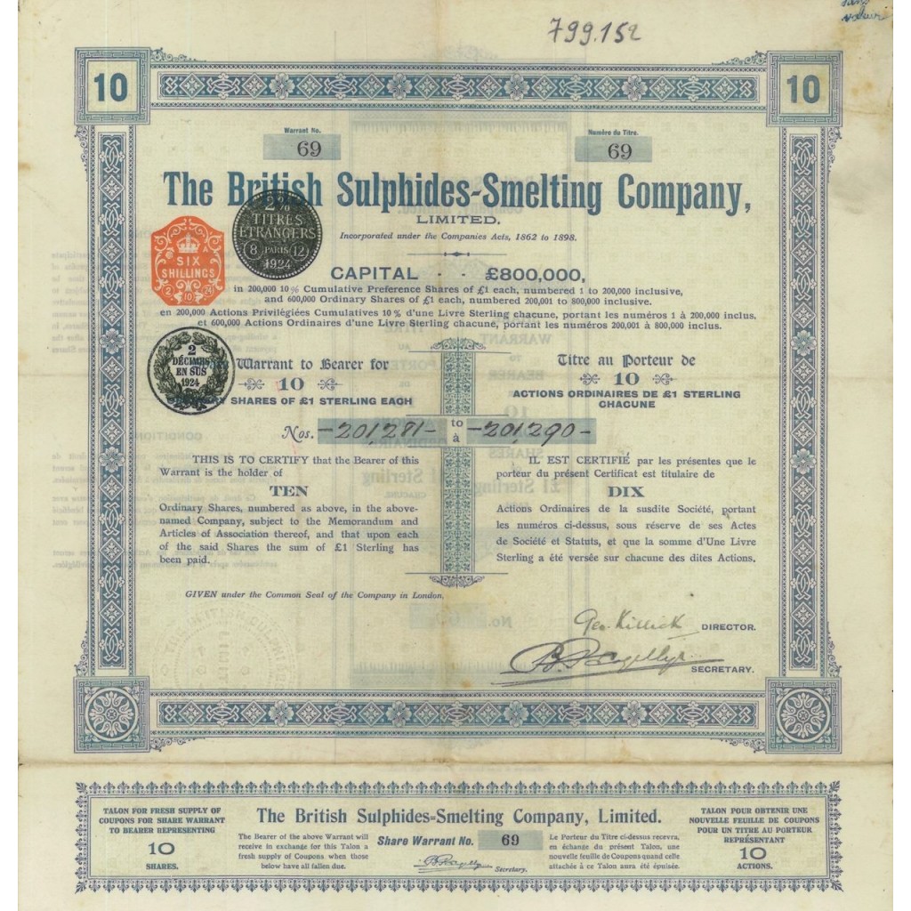 THE BRITISH SULPHIDES-SMELTING COMPANY 10 AZIONI - 1924