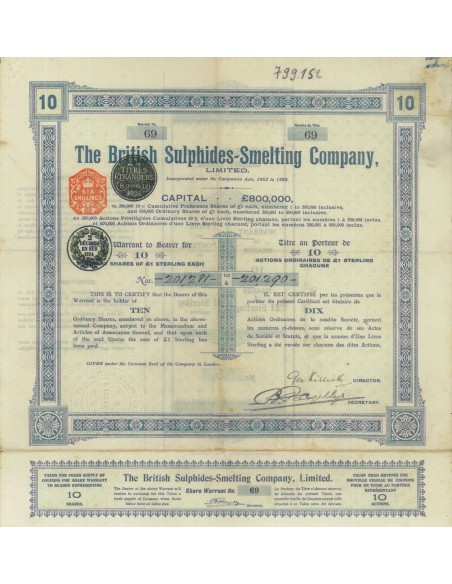 THE BRITISH SULPHIDES-SMELTING COMPANY 10 AZIONI - 1924