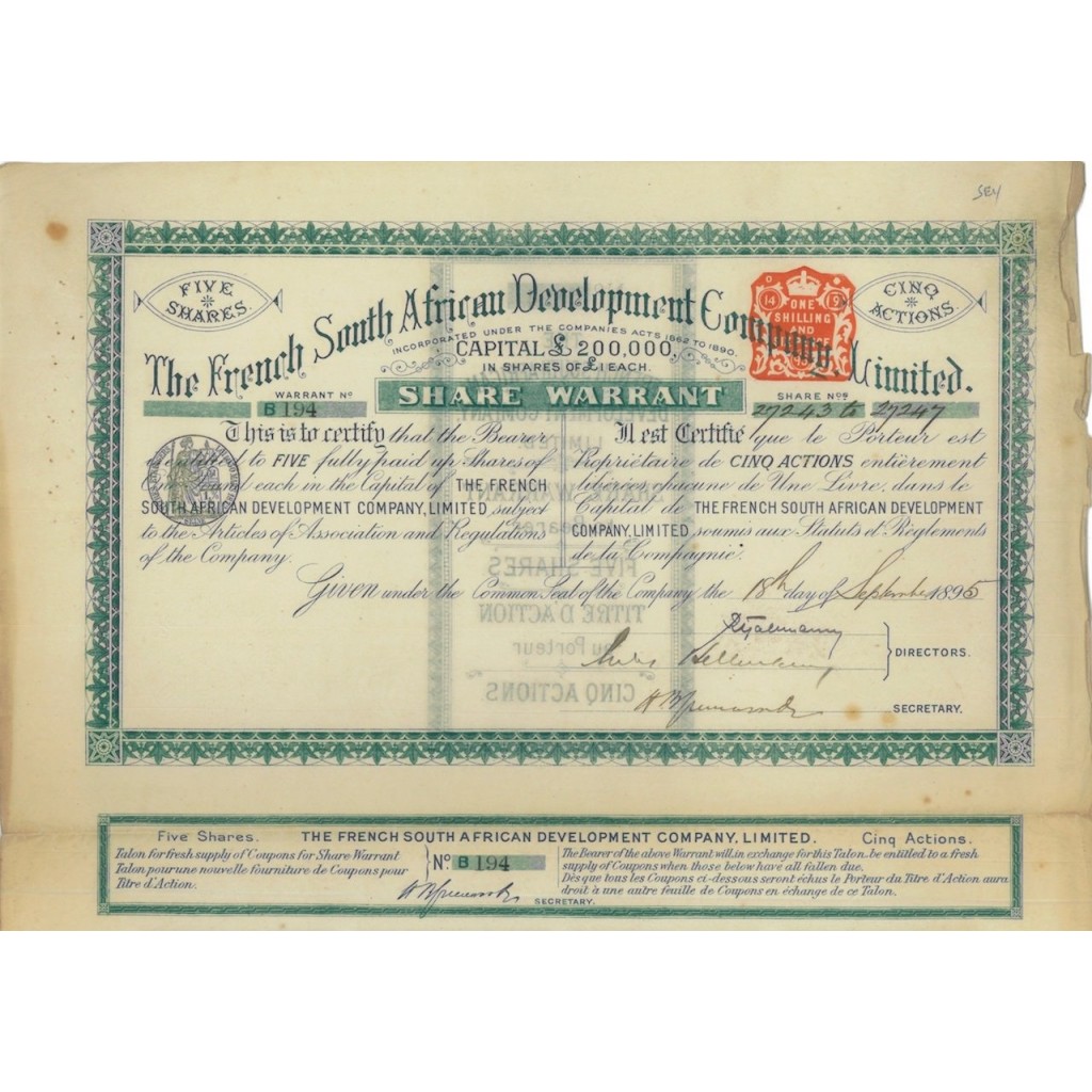 THE FRENCH SOUTH AFRICAN DEVELOPMENT COMP. LIMITED 5 AZIONI 1895