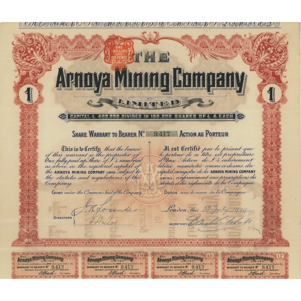 ARNOYA MINING COMPANY - WARRANT DI AZIONE - 1909