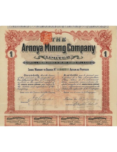 ARNOYA MINING COMPANY - WARRANT DI AZIONE - 1909