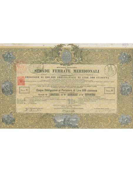 STRADE FERRATE MERIDIONALI - 5 OBBLIGAZIONI - FIRENZE 1867