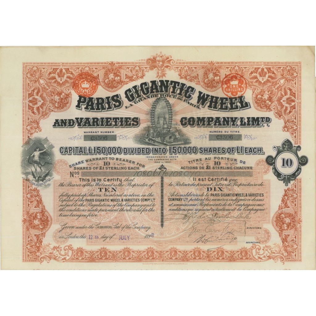 PARIS GIGANTIC WHEEL AND VARIENTIES COMPANY LIM.TD 10 AZIONI 1898