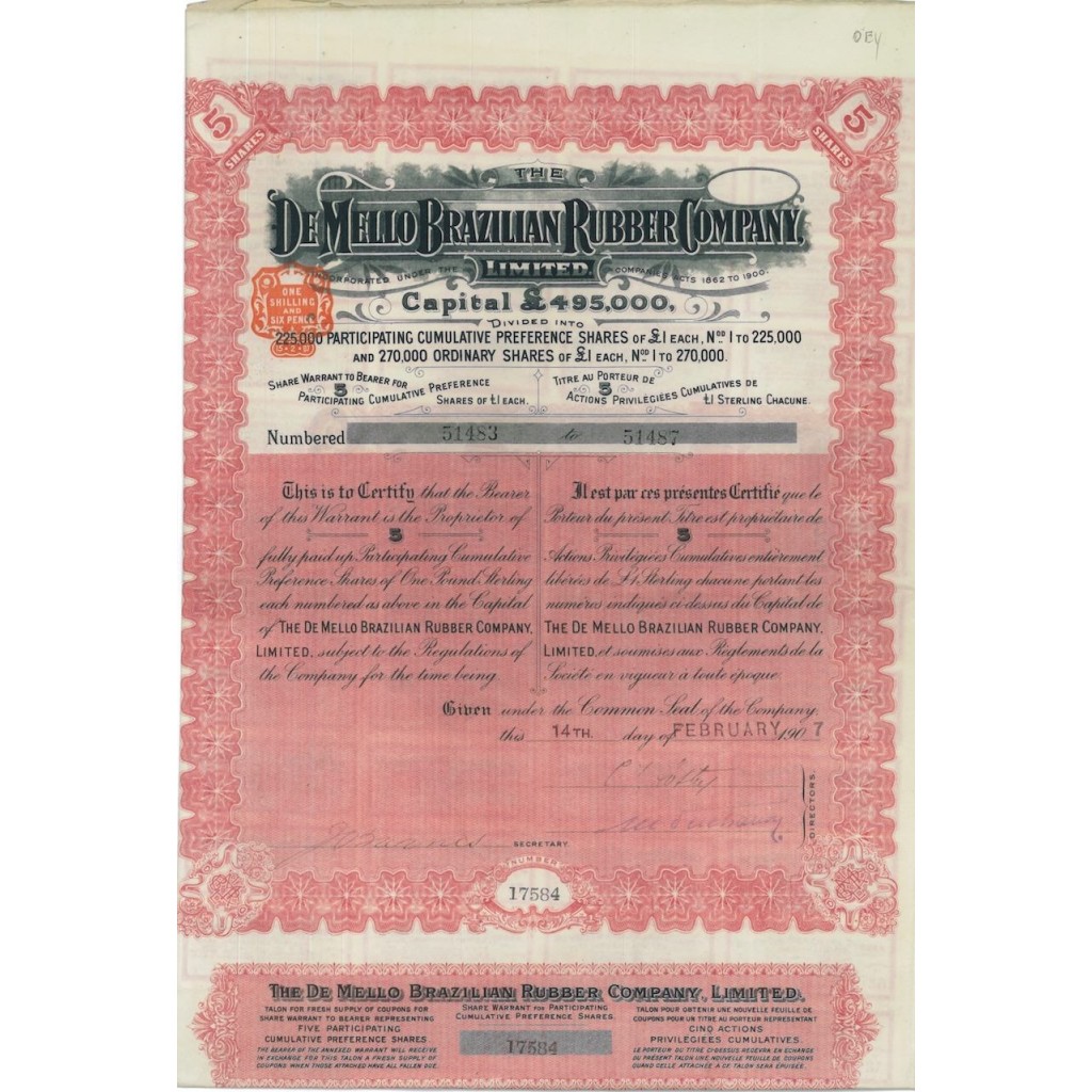 DE MELLO BRAZILIAN RUBBER COMPANY - 5 AZIONI - 1907