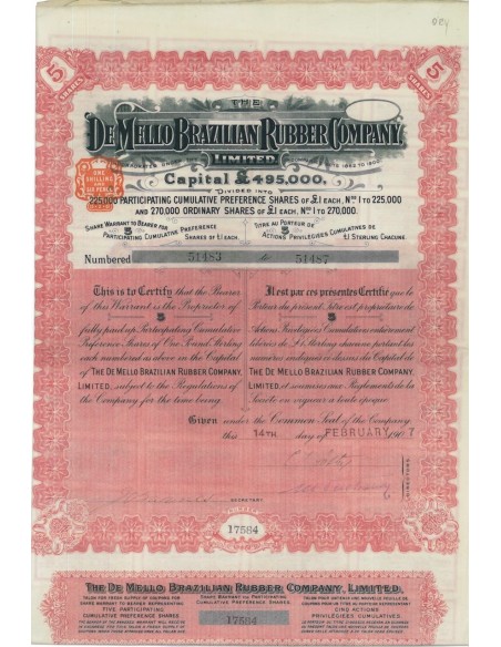 DE MELLO BRAZILIAN RUBBER COMPANY - 5 AZIONI - 1907