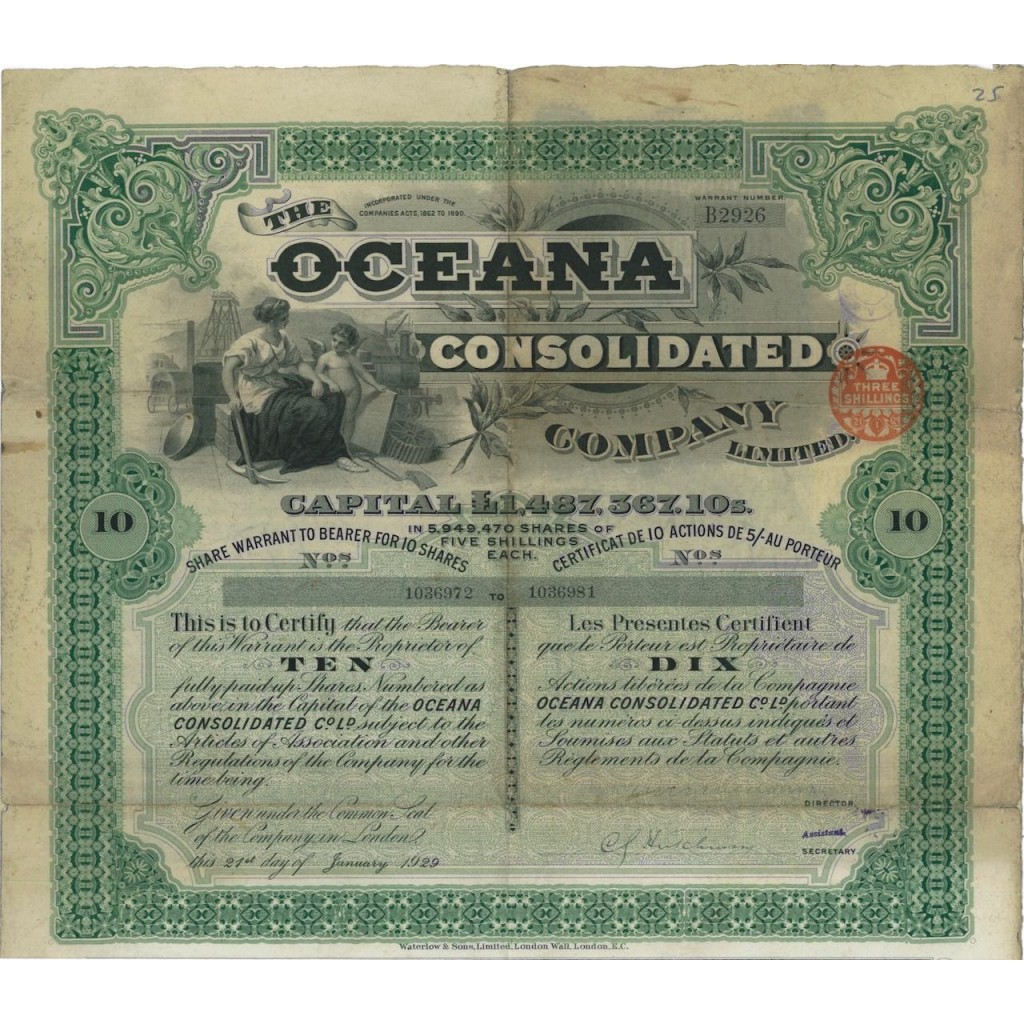 THE OCEANIA CONSOLIDATED COMP. - WARRANT DI 10 AZIONI 1929